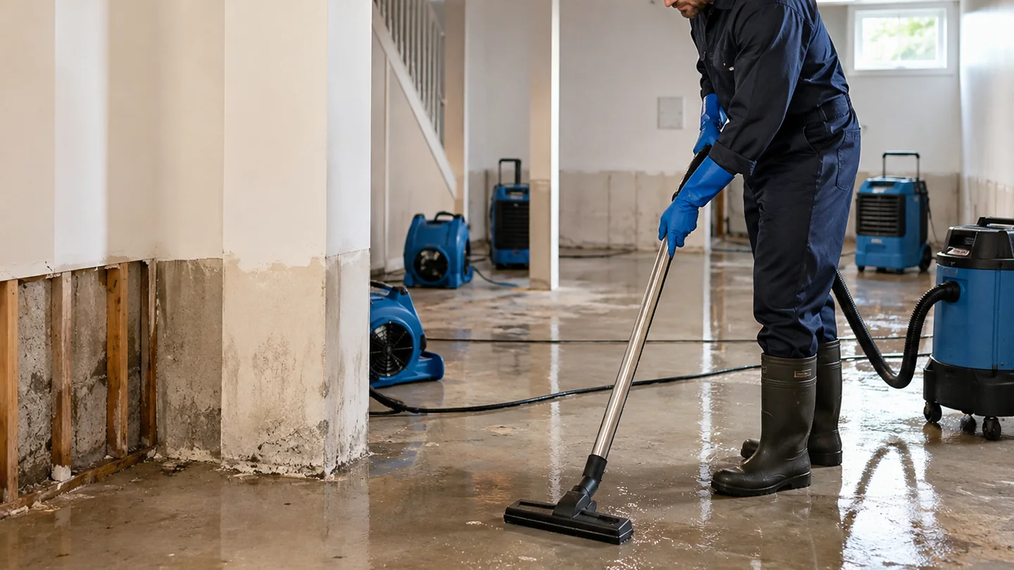 Technician extracting water from a flooded basement with professional drying equipment
