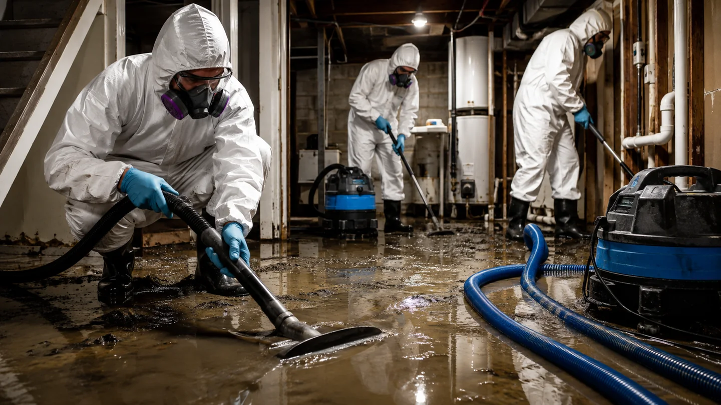 Protective cleanup crew removing contaminated water after a sewage backup