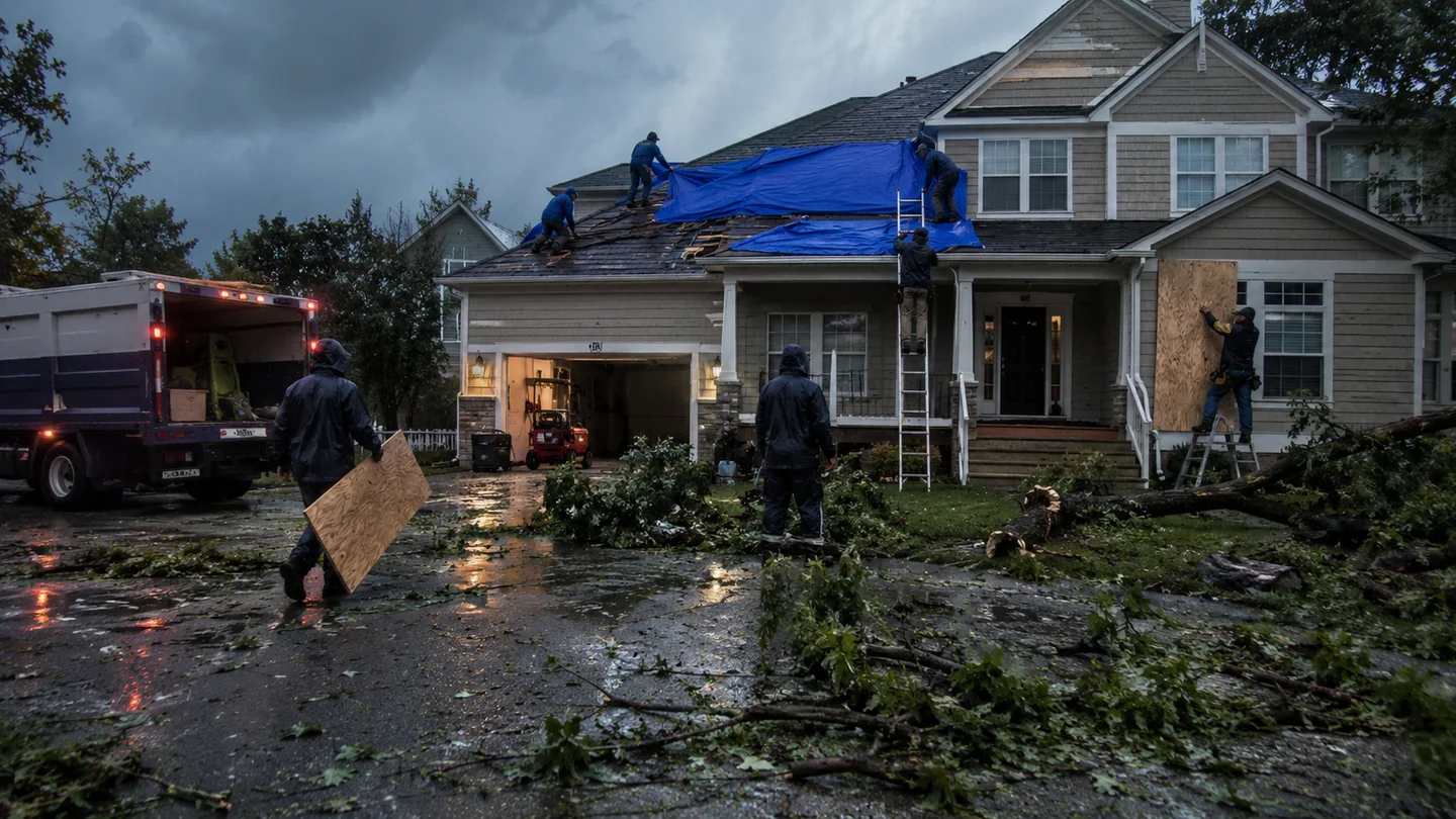 Emergency restoration crew securing a storm-damaged home after severe weather